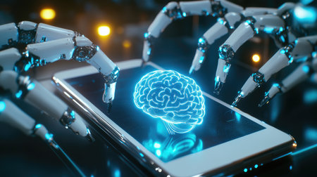 Phone with robotic arms and a glowing AI brain in the middle, futuristic tech conceptの素材