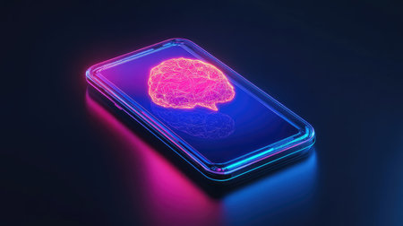 Phone with robotic case, AI brain at center glowing, concept of advanced intelligent deviceの素材
