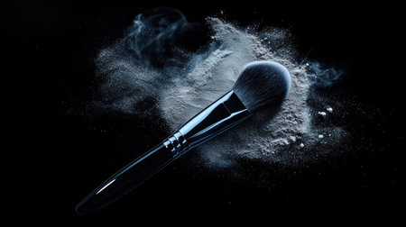 A high-contrast image of a professional makeup brush elegantly placed on soft cosmetic powder, highlighting the beauty industry essentials and artistry involved in makeup application.の素材