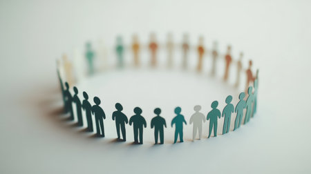Paper cutout figures arranged in a circle represent unity and togetherness. A minimalistic design emphasizing community, collaboration, and diversity through creative expression.の素材