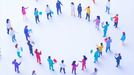 A diverse group of individuals engages in a collaborative meeting, forming a circle while sharing documents, symbolizing teamwork and communication in a professional setting.の素材