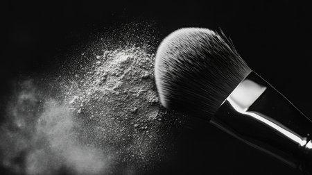 A dynamic shot of a makeup brush in motion, showcasing the fine powder being released. This image captures the essence of beauty artistry and the tools of the trade.の素材