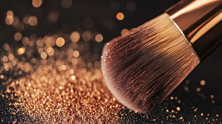 A beautiful close-up of a makeup brush featuring shimmering glitter dust against a dark background, highlighting elegance and artistry in beauty applications.の素材