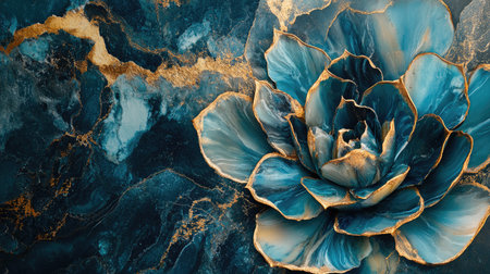 A breathtaking macro shot of a blue flower with golden edges, perfectly capturing the intricate details against a dark, textured backdrop. Ideal for art and design projects.の素材