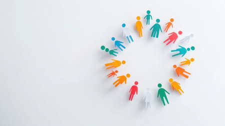 A creative representation of diverse paper cutouts of people arranged in a circle on a white background, symbolizing community, unity, and collaboration in modern illustration.の素材