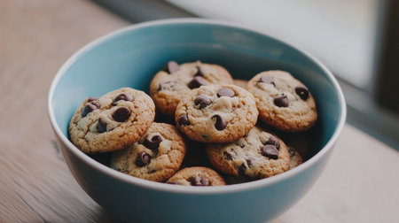 Close-up of a bowl of soft, warm chocolate chip cookies just out of the oven, gooey in the centerの素材