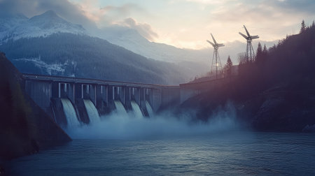 Powerful water flow through dam turbines, with scenic mountain landscape, promoting renewable electricityの素材