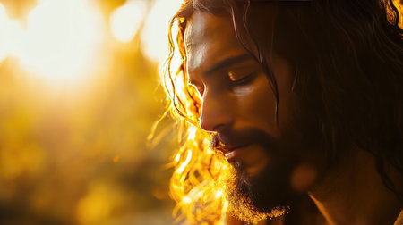 A powerful image of Jesus face in a serene, calming light, symbolizing peace and spiritual guidanceの素材