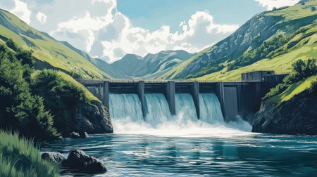 Hydroelectric dam with powerful water flow, framed by green hills and mountains, symbolizing renewable powerの素材