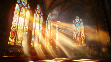A serene church scene with light pouring through stained-glass windows depicting Jesus' life and teachingsの素材