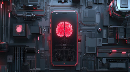 Rendered phone with AI brain core, surrounded by robotic elements, sleek futuristic designの素材