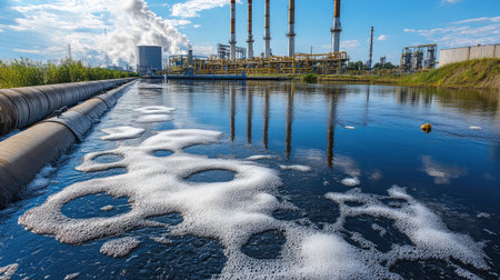 Panorama of factory pipes releasing contaminated water, with an industrial plant in the backgroundの素材
