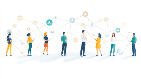 A vibrant illustration depicting a diverse group of individuals engaged in digital networking, showcasing various communication icons in a modern work environment promoting collaboration and interaction.の素材