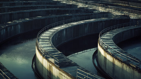 Rows of clarifier tanks at a wastewater plant, representing commitment to environmental protectionの素材