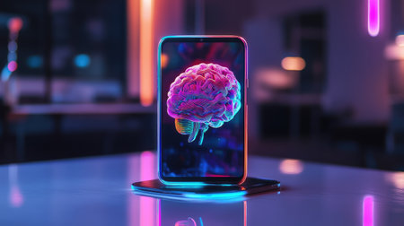Robotic smartphone with a vibrant AI brain in the middle, symbolizing advanced machine learning capabilitiesの素材