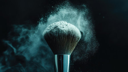 A stunning close-up of a makeup brush with fine powder swirling around it, showcasing the beauty and artistry involved in makeup application.の素材