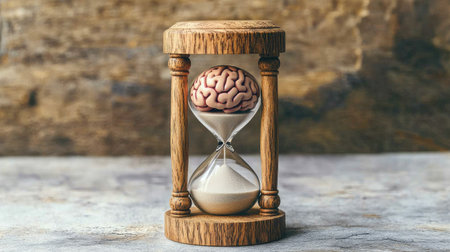 Hourglass with brain and sand, illustrating limited time for thoughts, with plain, simple backgroundの素材