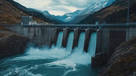 Hydroelectric dam releasing water with mountain landscape behind, symbolizing environmentally friendly energyの素材
