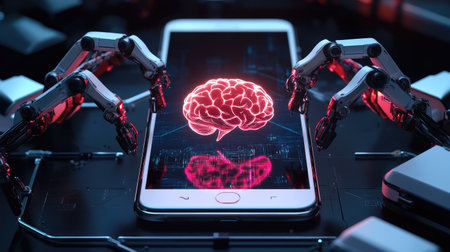 Futuristic mobile phone with robotic arms and glowing AI brain at its center, symbolizing advanced artificial intelligenceの素材