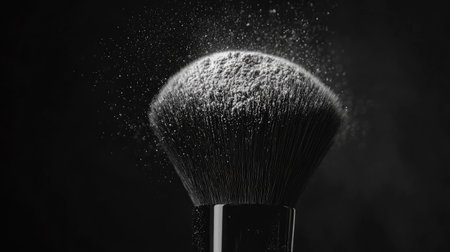 A striking close-up image capturing a makeup brush covered in fine powder particles against a black backdrop, emphasizing beauty and craftsmanship in cosmetics.の素材