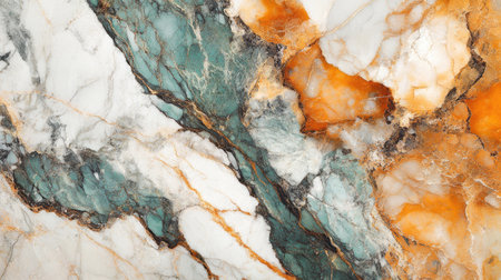 Discover a stunning marble background featuring intricate blue, white, and orange veins. Perfect for design projects, this elegant natural stone offers a sophisticated touch to any space.の素材