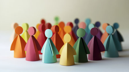 A vibrant group of colorful paper figures stands together, symbolizing community, diversity, and creativity. This artistic composition highlights unity and interconnectedness.の素材