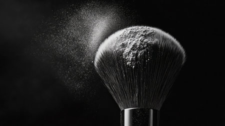 High-quality close-up image of a makeup brush with powder on a black background, showcasing the intricate details and textures of beauty tools and cosmetics.の素材