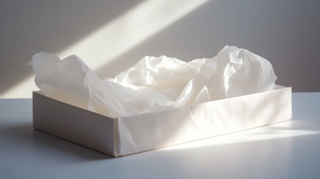 A captivating image of a white box filled with soft tissue paper, elegantly illuminated by natural light, perfect for gift packaging or minimalist decor.の素材