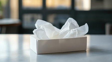 A simple white box filled with soft tissue paper sits on a clean tabletop in a bright indoor space, creating a serene atmosphere perfect for gifts or creative displays.の素材
