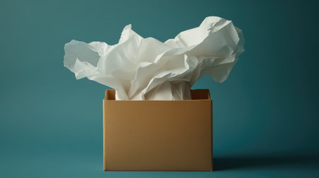 A chic brown box holds crumpled white tissue paper against a soft blue backdrop, ideal for gift wrapping and creating elegant presentations for any occasion.の素材