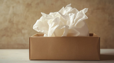 A stylish brown box holds elegant tissue paper, creating a soft and inviting aesthetic. Ideal for gift wrapping or enhancing home decor with a contemporary touch.の素材