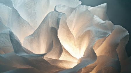 A close-up image showcasing the delicate beauty of white fabric shaped like flower petals, softly glowing with light to create a serene and dreamy atmosphere.の素材