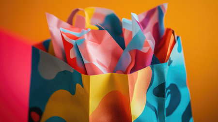 Bright and cheerful gift bag featuring colorful tissue paper, ideal for celebrations and special occasions, set against an eye-catching background. Perfect for retail use.の素材
