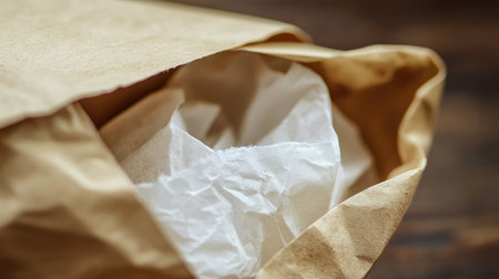 An open brown paper bag reveals crumpled white paper inside, showcasing a natural texture perfect for food service or creative projects with an eco-friendly touch.の素材