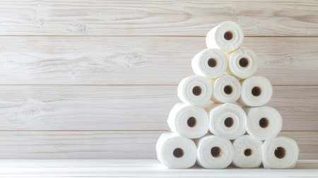 An aesthetically pleasing arrangement of stacked white toilet paper rolls creates a minimalist decor piece perfect for home hygiene and sanitary-related themes.の素材