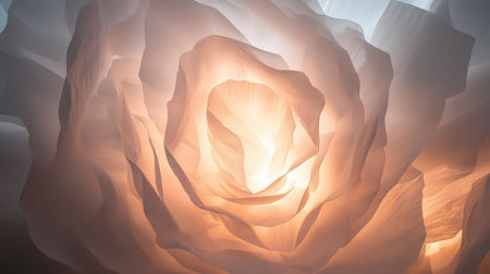 A stunning close-up of a soft, translucent rose illuminated with warm light, creating an ethereal and dreamy atmosphere ideal for artistic backgrounds and stunning textures.の素材