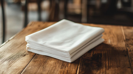 A neatly folded white tablecloth rests on a rustic wooden table, creating a calm and inviting atmosphere for dining. Perfect for both home and restaurant settings.の素材