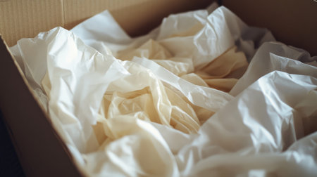 A close-up view of soft cream fabric crumpled inside a cardboard box, showcasing textures and layers, perfect for concepts of shipping, storage, and interior design.の素材