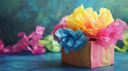 A beautifully wrapped gift box adorned with vibrant tissue paper, perfect for various occasions, creating a sense of joy and excitement for celebrations.の素材