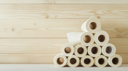 A collection of neatly stacked rolls of unfinished paper sitting against a wooden background, perfect for craft projects and minimalist home decor ideas.の素材