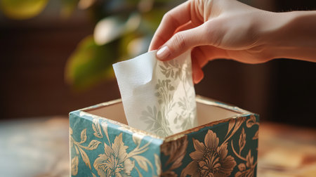 A close-up view of a hand selecting a delicate tissue from a beautifully designed tissue box, showcasing elegance and tranquility in a cozy indoor environment with natural light.の素材