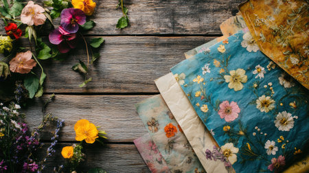A stunning arrangement of dried flowers and vintage paper creates a vibrant scene on a rustic wooden background, perfect for craft and design inspiration.の素材