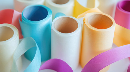 A vibrant collection of pastel ribbons arranged beautifully, perfect for craft projects, gift wrapping, or decorations for various celebrations and events.の素材