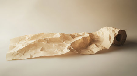 A textured roll of brown craft paper is elegantly unraveled on a soft, neutral surface, showcasing a rich array of dynamic creases and waves for artistic inspiration.の素材
