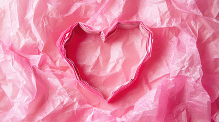 A charming pink paper heart delicately placed on crinkled tissue, ideal for use in romantic themes, artistic creations, and emotional presentations for various occasions.の素材