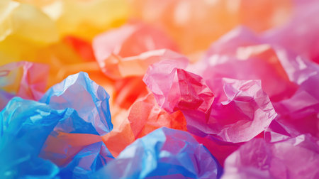 A vibrant and abstract image featuring crumpled paper in bright shades of blue, pink, yellow, and orange, perfect for creative designs and artistic projects.の素材