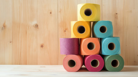Colorful rolls of paper towels arranged in a pyramid on a wooden surface create a cheerful and inviting atmosphere, perfect for home decor and creative crafting ideas.の素材