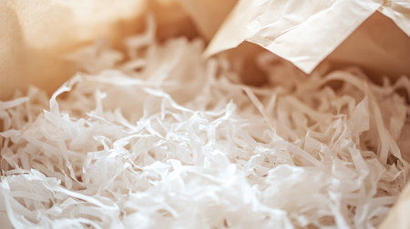Close-up view of white shredded paper inside a brown box, creating a soft and inviting texture perfect for gift wrapping and creative packaging solutions.の素材