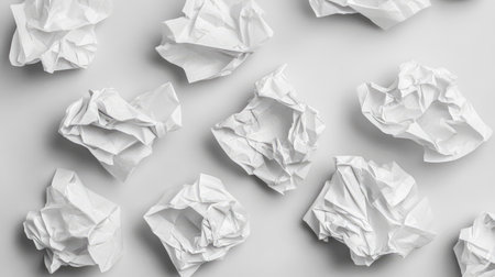 A collection of crumpled white paper balls scattered on a gray surface, creating an abstract and artistic visual perfect for creative projects and minimalist backgrounds.の素材
