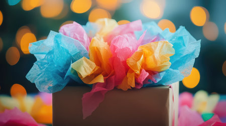 A beautifully arranged gift box adorned with vibrant tissue paper, set against a dreamy bokeh backdrop, perfect for conveying feelings of joy and celebration.の素材